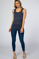 Navy Knit Lace Trim Tank