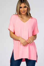 Neon Pink V-Neck Cuffed Short Sleeve Top