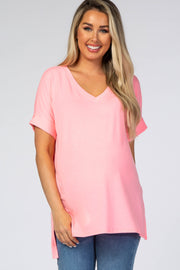 Neon Pink V-Neck Cuffed Short Sleeve Maternity Top