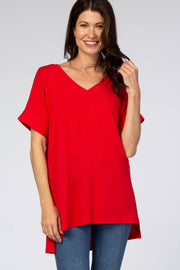 Red V-Neck Cuffed Short Sleeve Top