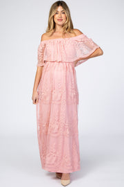 Pink Lace Overlay Off Shoulder Flounce Maternity Maxi Dress