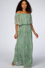 Light Olive Lace Overlay Off Shoulder Flounce Maxi Dress