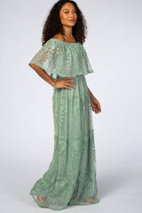 Light Olive Lace Overlay Off Shoulder Flounce Maxi Dress