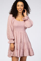 Mauve Smocked Polka Dot Long Sleeve Dress