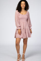 Mauve Smocked Polka Dot Long Sleeve Dress