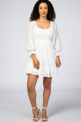 White Smocked Polka Dot Long Sleeve Dress