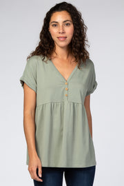 Olive Boxy Button Front Short Sleeve Top