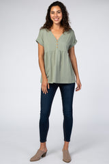 Olive Boxy Button Front Short Sleeve Top