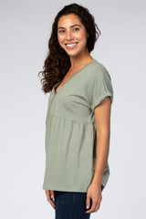 Olive Boxy Button Front Short Sleeve Top