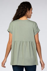 Olive Boxy Button Front Short Sleeve Top