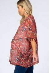 Rust Floral Swiss Dot Fringe Accent Maternity Cover Up