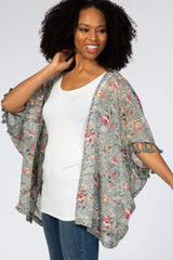 Light Olive Floral Swiss Dot Fringe Accent Cover Up