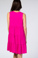 Fuchsia Soft Knit Pleated Tiered Sleeveless Dress