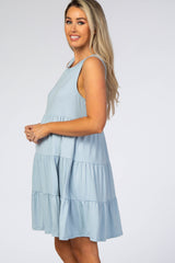 Light Blue Soft Knit Pleated Tiered Sleeveless Maternity Dress