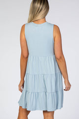 Light Blue Soft Knit Pleated Tiered Sleeveless Maternity Dress