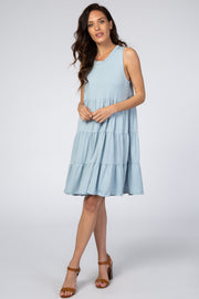 Light Blue Soft Knit Pleated Tiered Sleeveless Dress