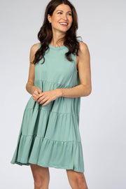 Mint Soft Knit Pleated Tiered Sleeveless Dress