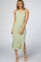 Light Green Ribbed Sleeveless Fitted Midi Dress