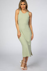 Light Green Ribbed Sleeveless Fitted Midi Dress