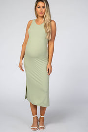 Light Green Ribbed Sleeveless Fitted Midi Maternity Dress