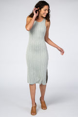 Light Olive White Striped Fitted Midi Dress