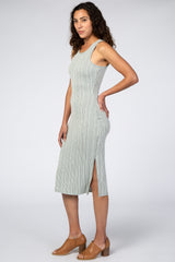 Light Olive White Striped Fitted Midi Dress