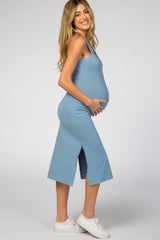 Light Blue Fitted Sleeveless Midi Maternity Dress