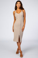 Beige Ribbed Snap Button Front Fitted Maternity Midi Dress