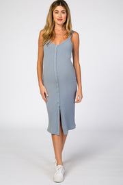 Blue Ribbed Snap Button Front Fitted Maternity Midi Dress