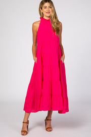 Fuchsia Tiered High Neck Maternity Maxi Dress