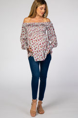 Light Blue Floral Off Shoulder Long Sleeve Maternity Top