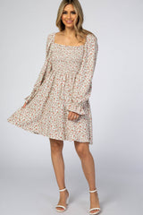 Ivory Floral Smocked Long Sleeve Dress