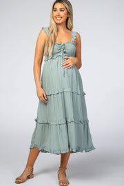 Dusty Mint Ruffle Tiered Maternity Midi Dress