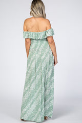 Mint Floral Off Shoulder Side Slit Maternity Maxi Dress