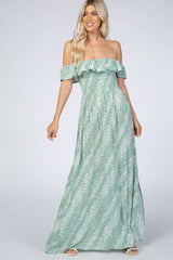 Mint Floral Off Shoulder Side Slit Maternity Maxi Dress