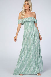 Mint Floral Off Shoulder Side Slit Maxi Dress