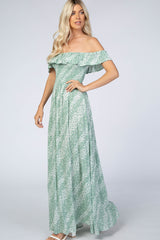 Mint Floral Off Shoulder Side Slit Maxi Dress