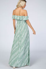 Mint Floral Off Shoulder Side Slit Maxi Dress