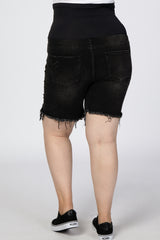 Black Distressed Fringe Hem Maternity Plus Denim Shorts