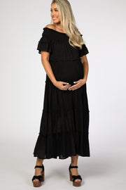 Black Off Shoulder Tiered Maternity Maxi Dress