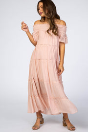 Mauve Off Shoulder Tiered Maternity Maxi Dress