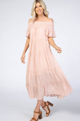 Mauve Off Shoulder Tiered Maxi Dress