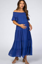 Royal Blue Off Shoulder Tiered Maternity Maxi Dress