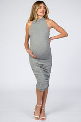 Heather Grey High Neck Ruched Fitted Maternity Dress