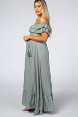 Sage Off Shoulder Tassel Tie Maternity Maxi Dress