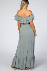 Sage Off Shoulder Tassel Tie Maternity Maxi Dress