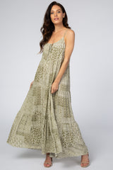 Light Olive Paisley Tiered Maternity Maxi Dress