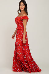 Red Floral Off Shoulder Ruffle Tiered Dress