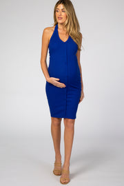 Royal Blue Ribbed Halter Maternity Midi Dress