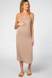 Taupe Basic Sleeveless Maternity Midi Dress